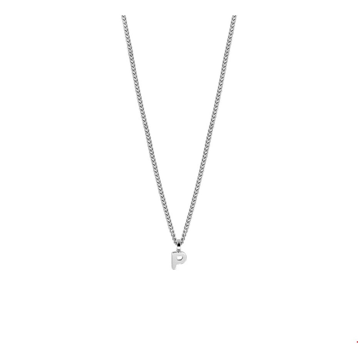 Gerhodineerd zilveren collier met de letter P. Het collier heeft een draaglengte van 41cm en een extensie van 5cm, uitgevoerd met een stevige karabijn sluiting. De hanger heeft een hoogte van 7.5mm en een breedte van 4mm. Tip: Geef dit persoonlijke collier cadeau aan een dierbare of geliefde.