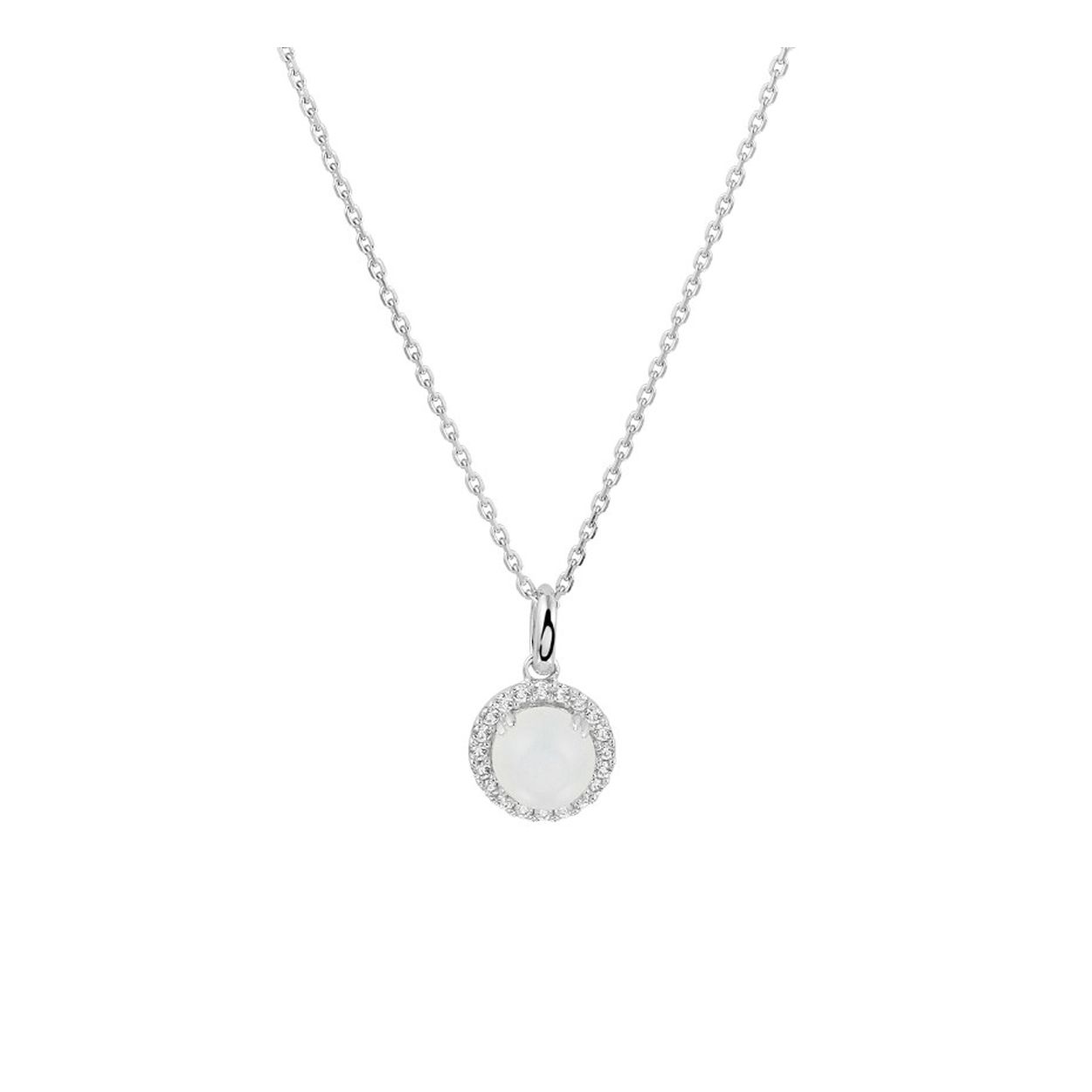 Gerhodineerd zilveren collier uitgevoerd met een ronde hanger met schitterende zirkonia, een wit maansteen en een stevige karabijn sluiting. Het collier heeft een draaglengte van 41cm en een extensie van 4cm.