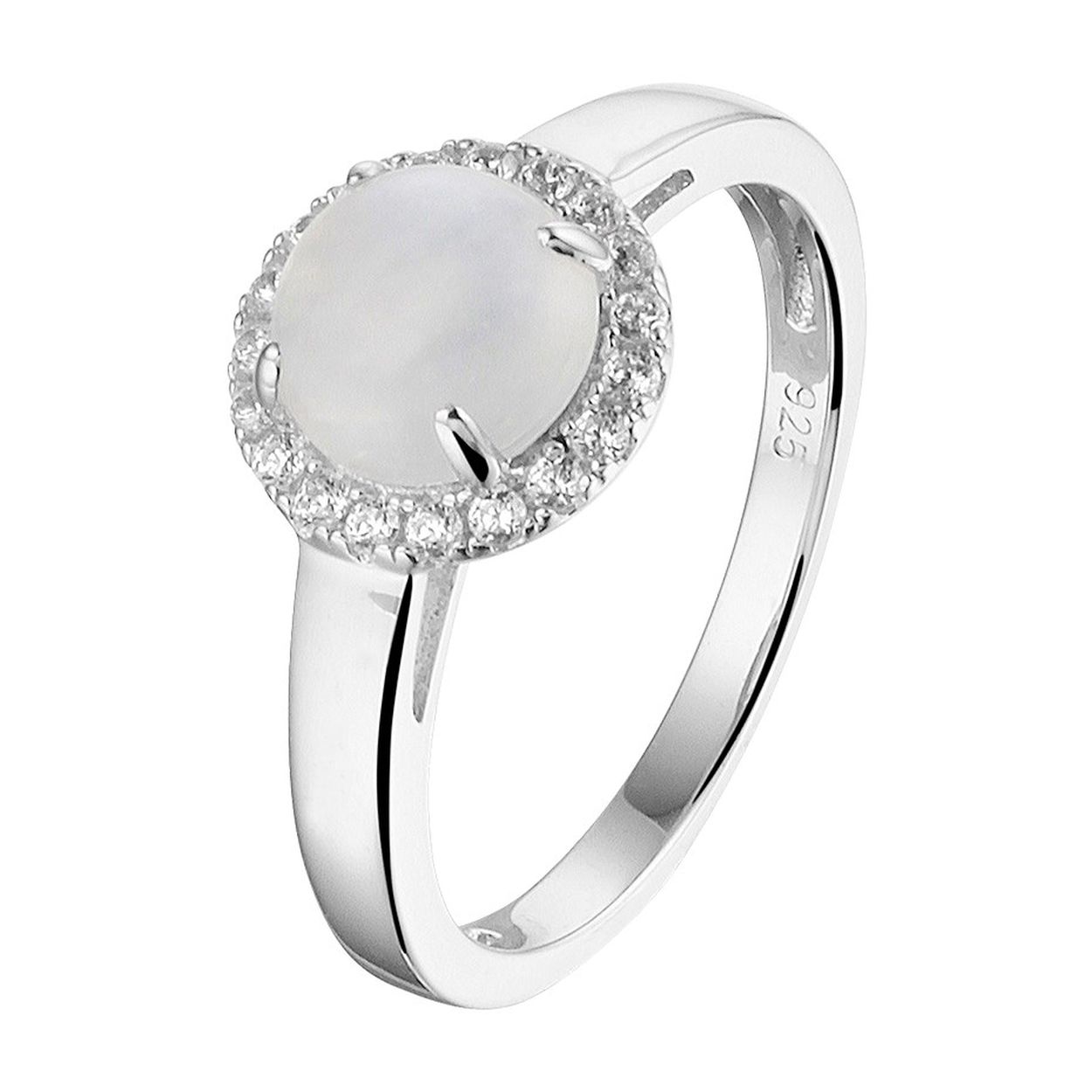 Gerhodineerd zilveren ring uitgevoerd met schitterende zirkonia en een wit maansteen. De ring heeft een breedte van 9.5mm.