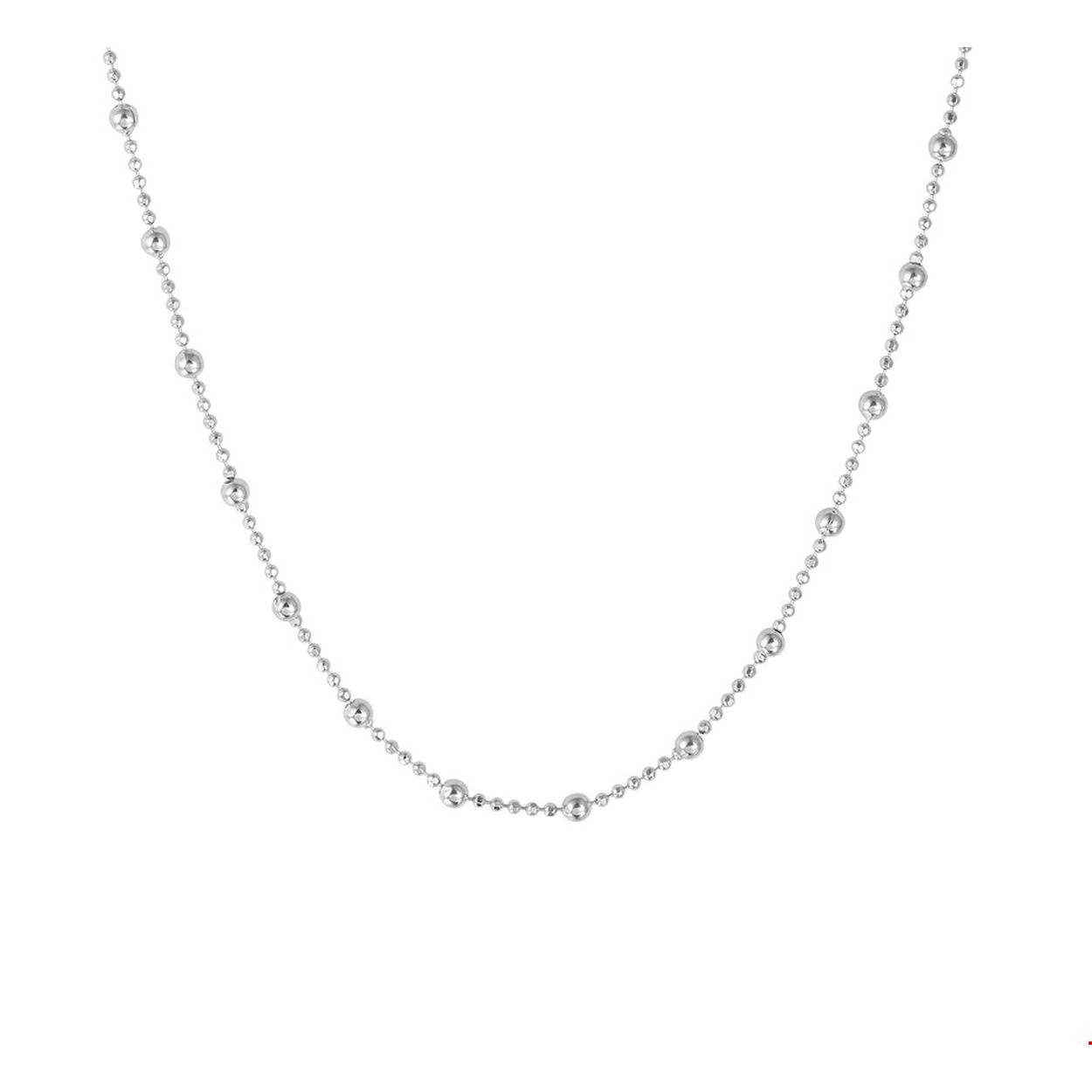 Trendy gerhodineerd zilveren collier uitgevoerd met bolletjes van 1 en 2mm. Het collier heeft een stevige karabijn sluiting en een draaglengte van 50cm. Tip: Combineer het collier met een bijpassende armband en maak zo een leuke set!
