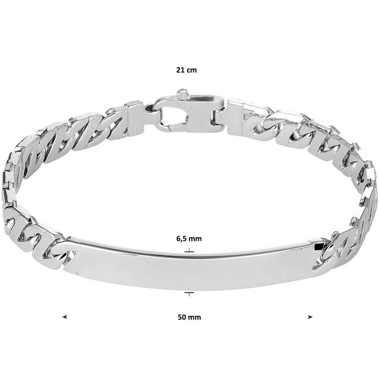 Gerhodineerd zilveren graveerarmband met een draaglengte van 21cm uitgevoerd met een stevige karabijn sluiting. De graveerplaat heeft een breedte van 6.5mm.
