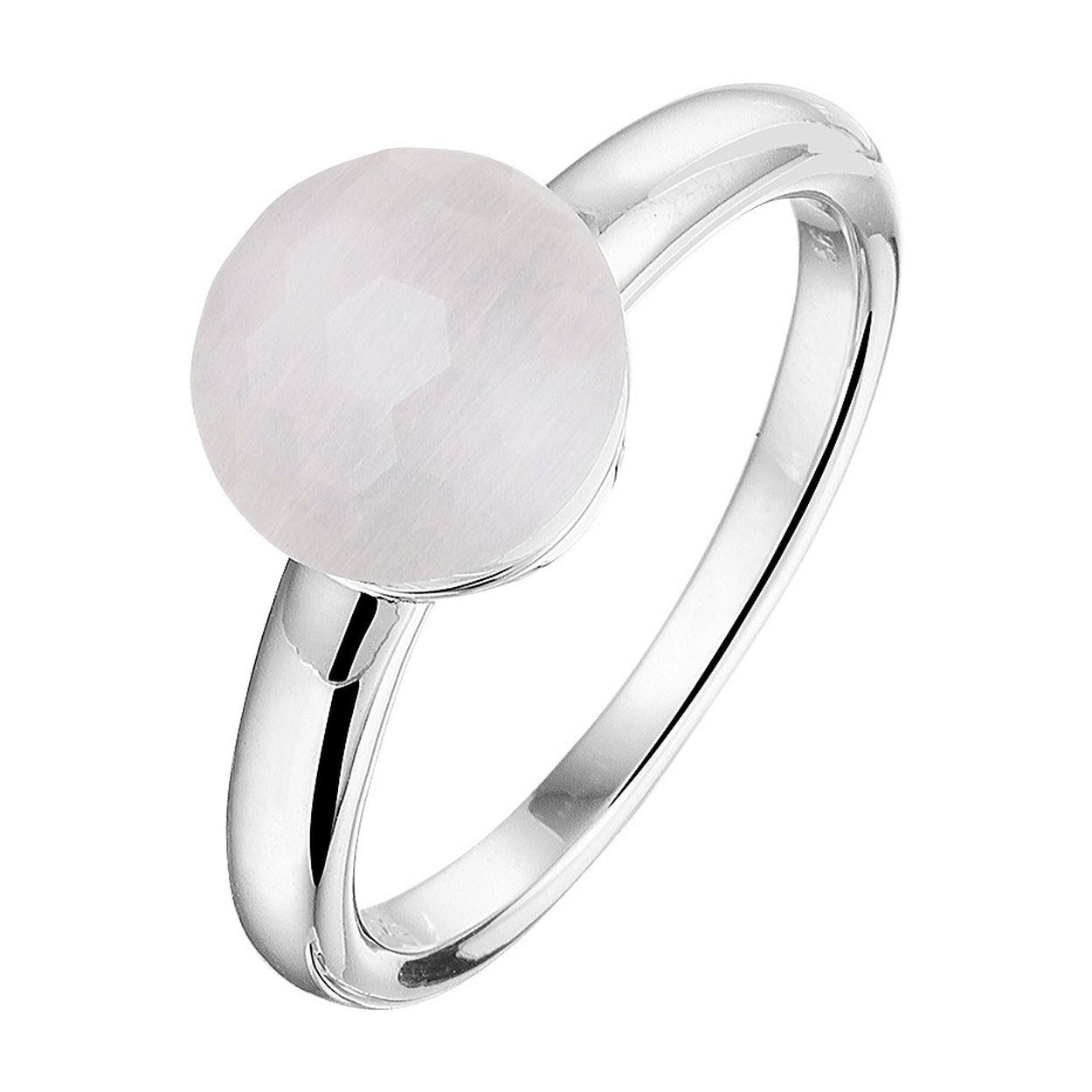 Gerhodineerd zilveren ring uitgevoerd met een wit cat's eye steen. De ring heeft een breedte van 9mm.