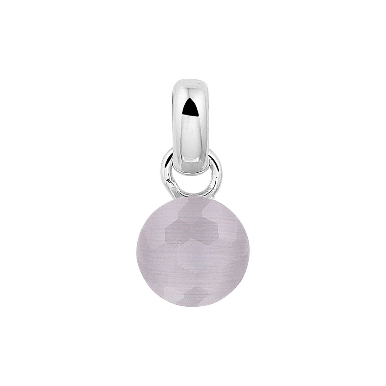 Gerhodineerd zilveren hanger uitgevoerd met een grijs cat's eye steen. De hanger heeft een totale hoogte van 18mm.
