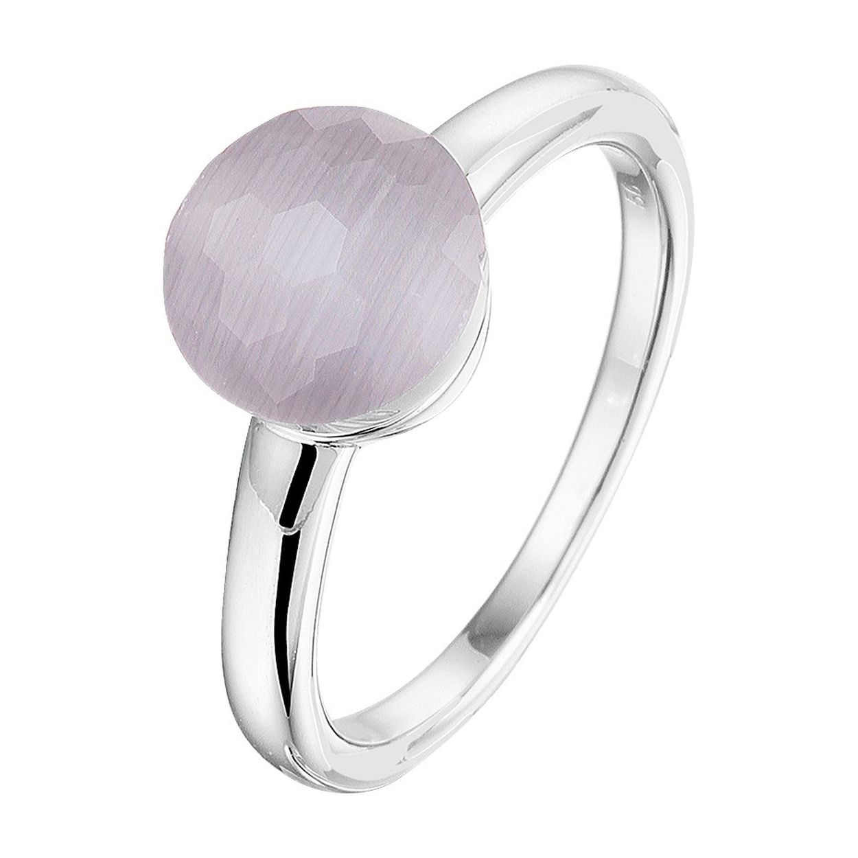 Gerhodineerd zilveren ring uitgevoerd met een grijs cat's eye steen. De ring heeft een breedte van 9mm.
