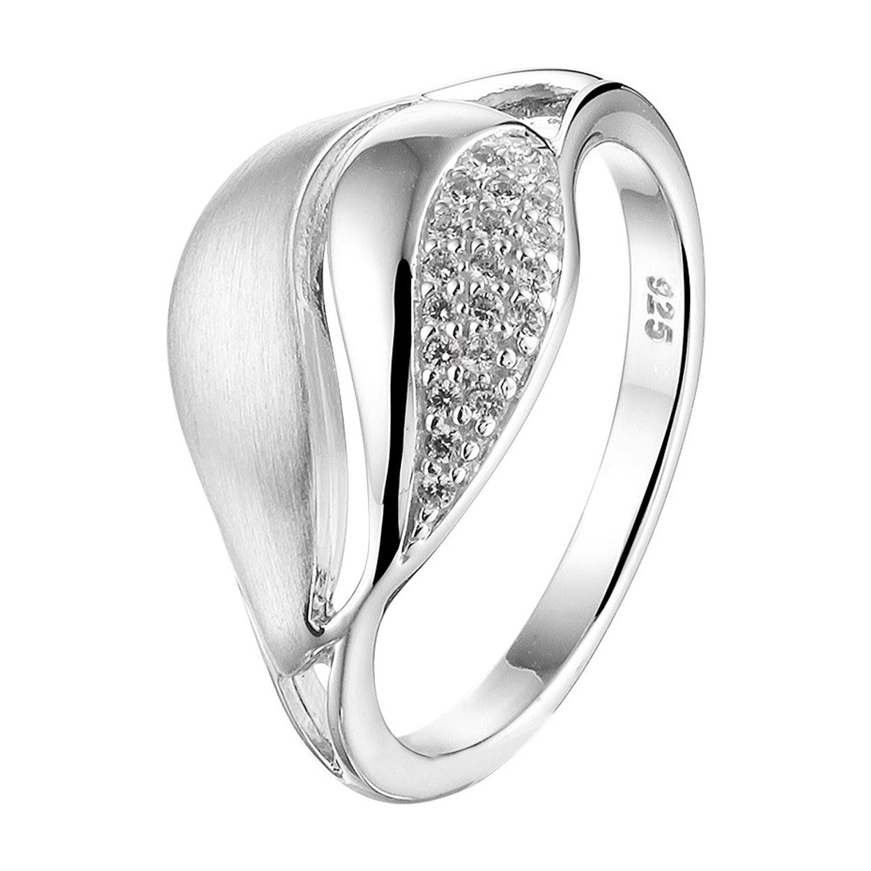 Gerhodineerd zilveren ring uitgevoerd met een vlak van schitterende zirkonia. De ring is poli/mat afgewerkt en heeft een breedte van 11mm.