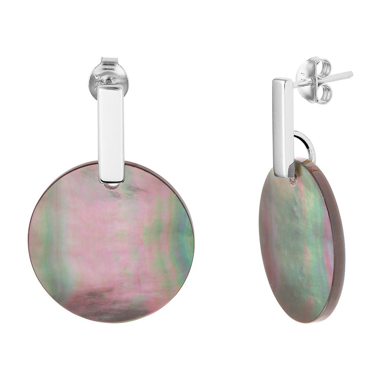 Gerhodineerd 925 zilveren oorhangers uitgevoerd met ronde parelmoer hangers. De oorhangers hebben een totale hoogte van 2.9cm. De hangers hebben een diameter van 20mm.