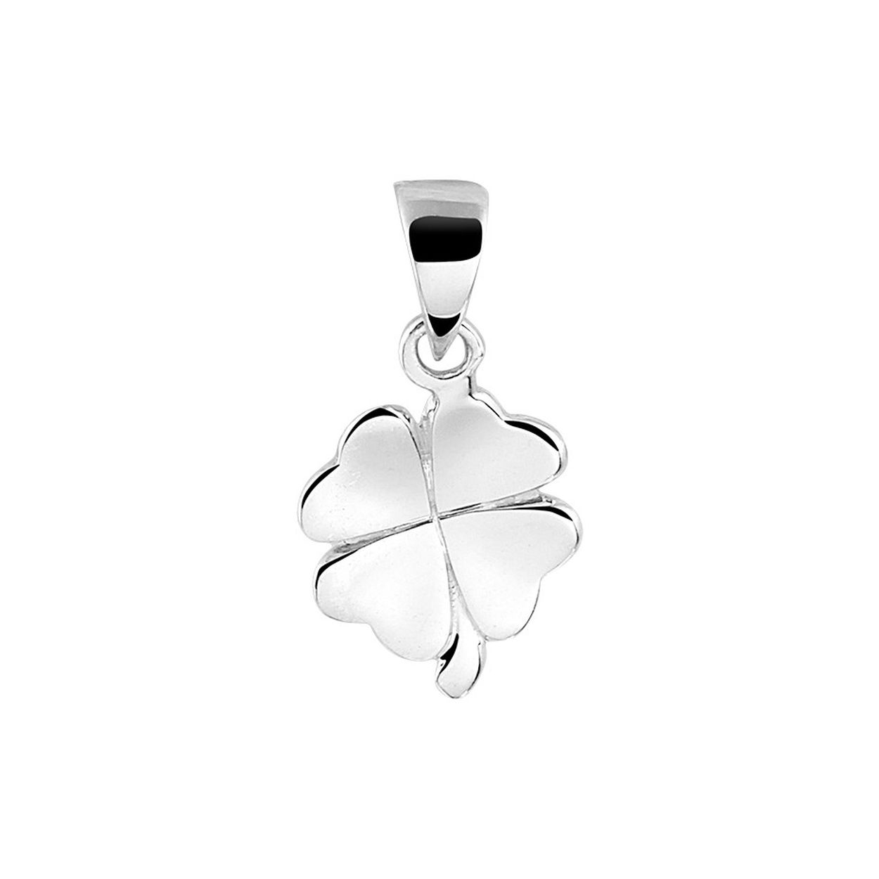 Gerhodineerd 925 zilveren hanger in de vorm van een klavertje. De hanger heeft een totale hoogte van 1.5cm. De hanger heeft een afmeting van 12.5x8mm.