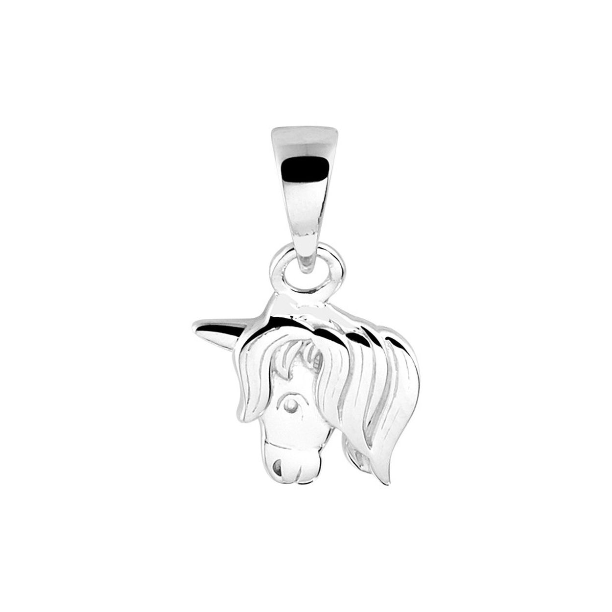 Gerhodineerd 925 zilveren hanger in de vorm van een eenhoorn. De hanger heeft een afmeting van 11x7.5mm en een totale hoogte van 1.8cm.