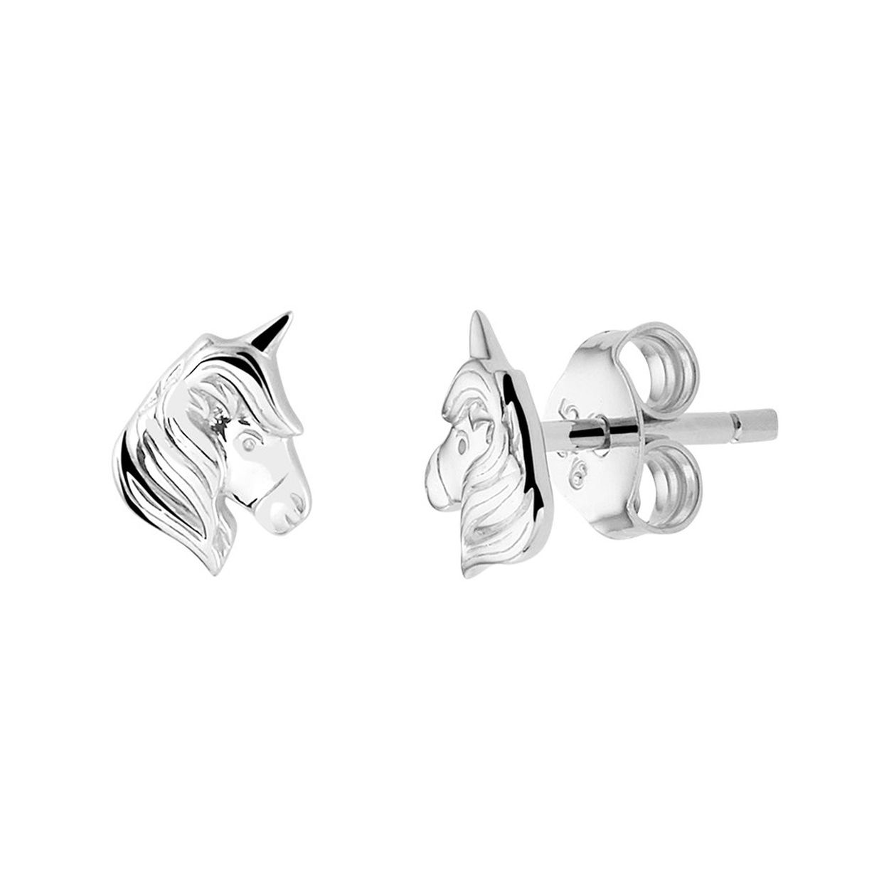 Gerhodineerd 925 zilveren oorknoppen in de vorm van een eenhoorn. De oorknoppen hebben een afmeting van 7.5x5.5mm.