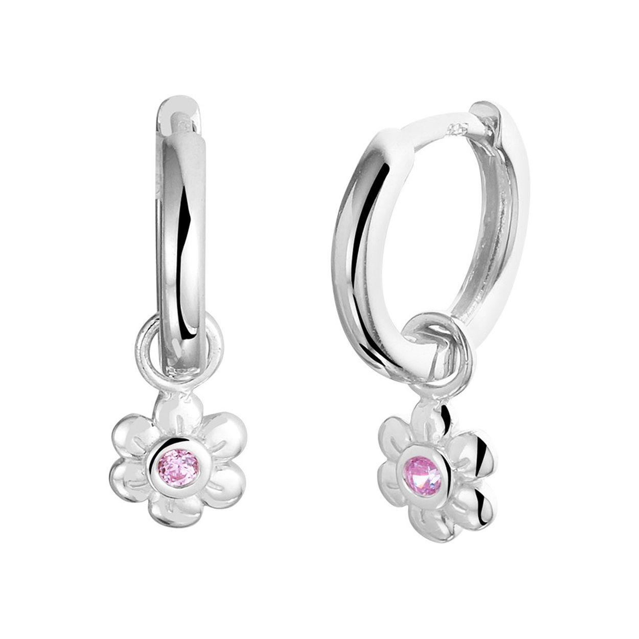 Gerhodineerd 925 zilveren oorringen uitgevoerd met een bloem en een schitterende roze zirkonia. De totale afmeting van de oorringen is 12x2mm. De afmeting van de hanger is 10x5.5mm.