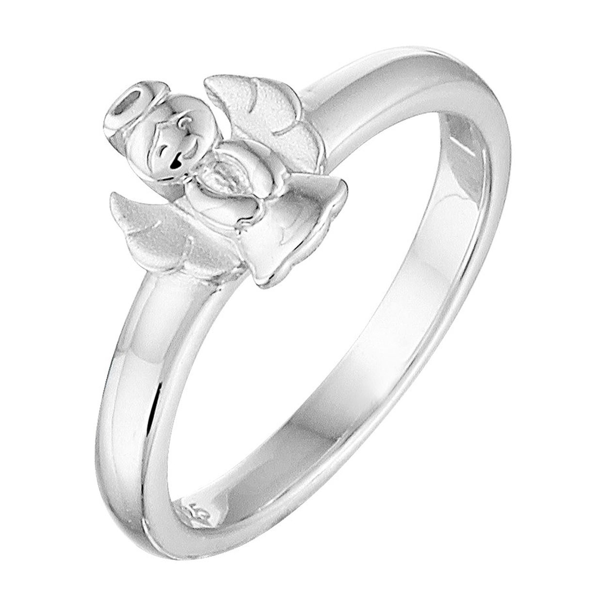 Gerhodineerd 925 zilveren ring uitgevoerd met een engel. De ring heeft een breedte van 7mm.