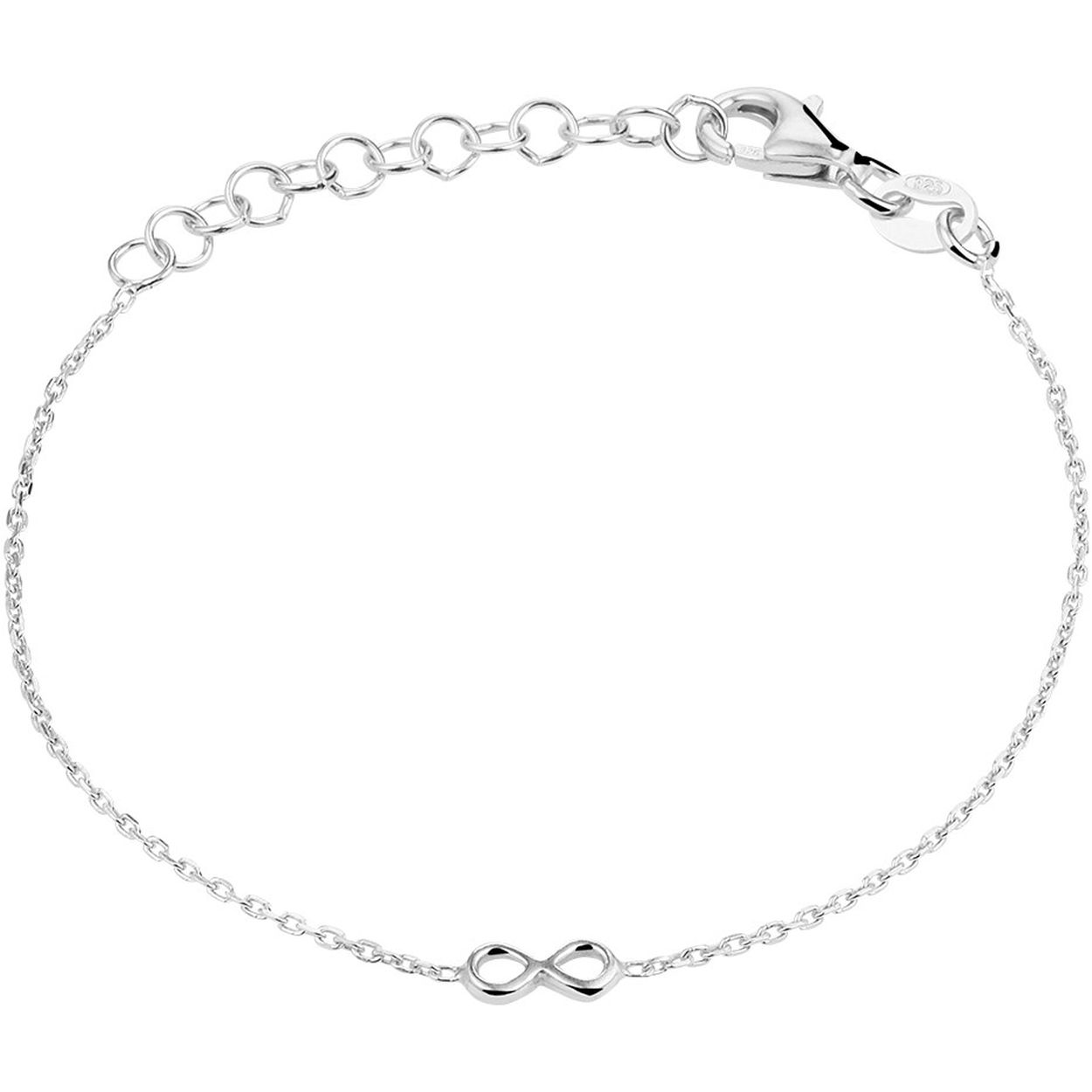 Gerhodineerd 925 zilveren anker armband uitgevoerd met een infinity hanger en een karabijn sluiting. De armband heeft een draaglengte van 13cm en een extensie van 3cm.