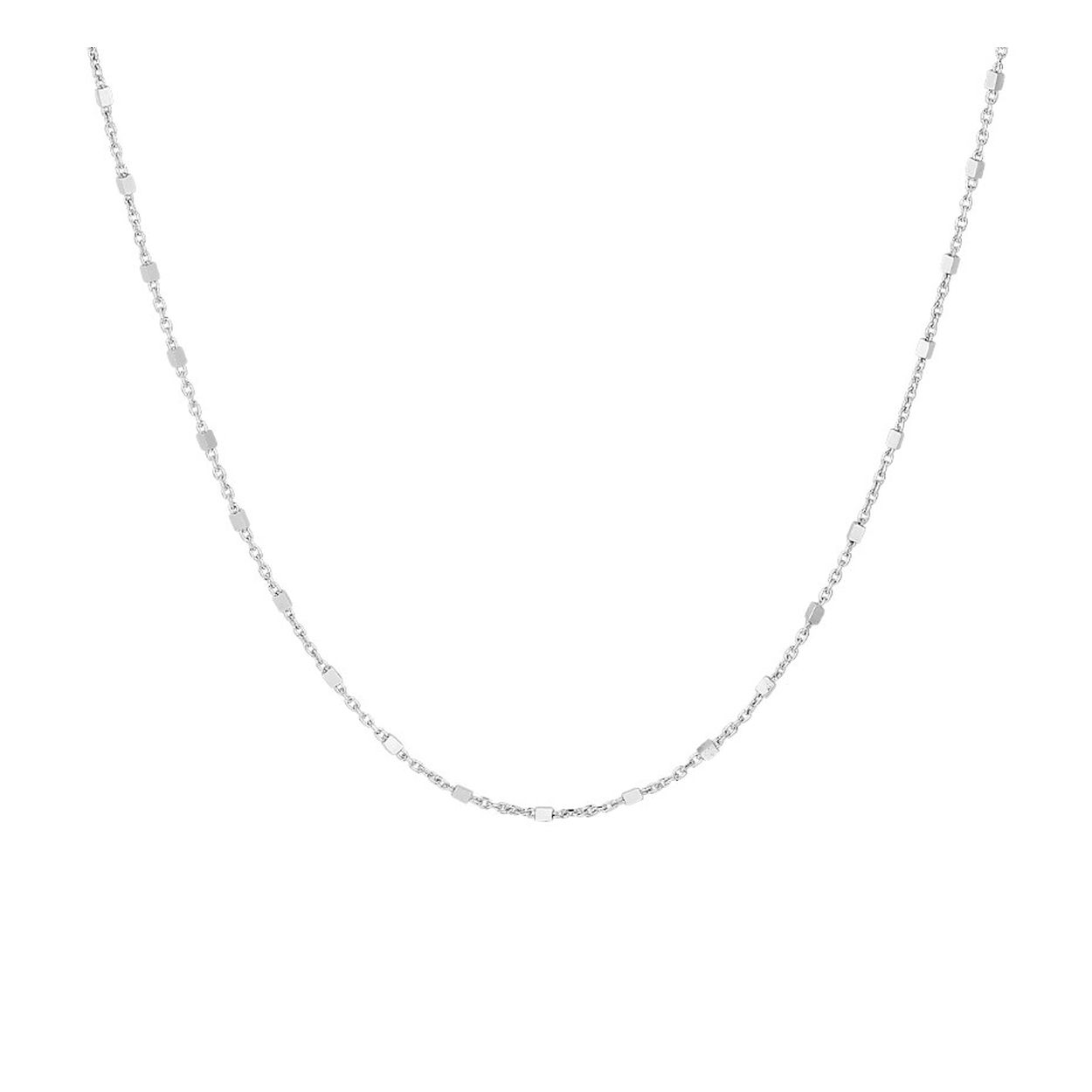 Gerhodineerd 925 zilveren 1.2mm blokjes collier uitgevoerd met een karabijn sluiting. Het collier heeft een draaglengte van 41cm met een extensie van 4cm.