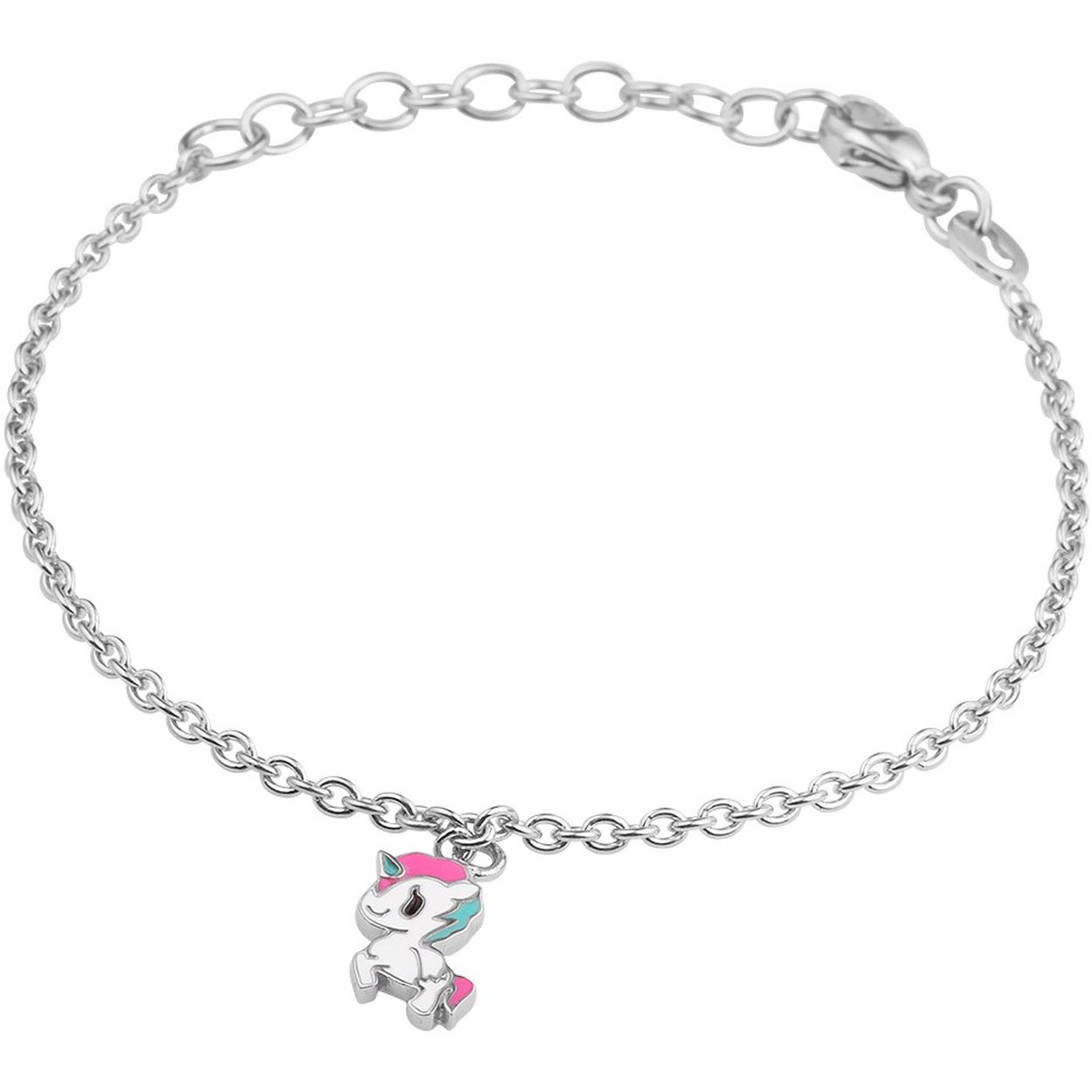 Gerhodineerd 925 zilveren armband uitgevoerd met een leuke eenhoorn hanger en stevige karabijn sluiting. De armband heeft een draaglengte van 13cm en een extensie van 3cm. De afmeting van de hanger is 11.5x7mm.