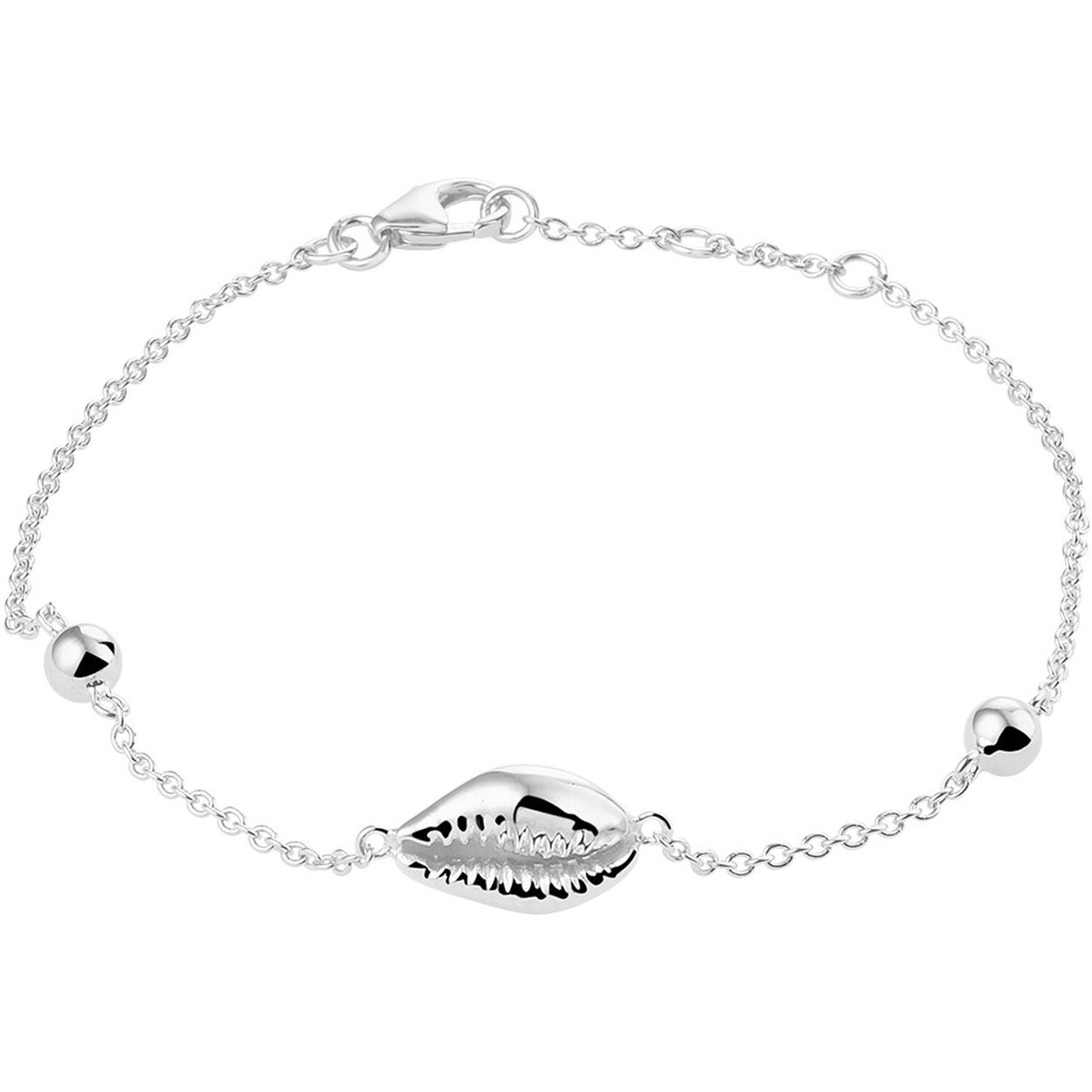 Gerhodineerd 925 zilveren armband uitgevoerd met een schelp en een stevige karabijn sluiting. De armband heeft draaglengtes van 16, 17 en 18cm.