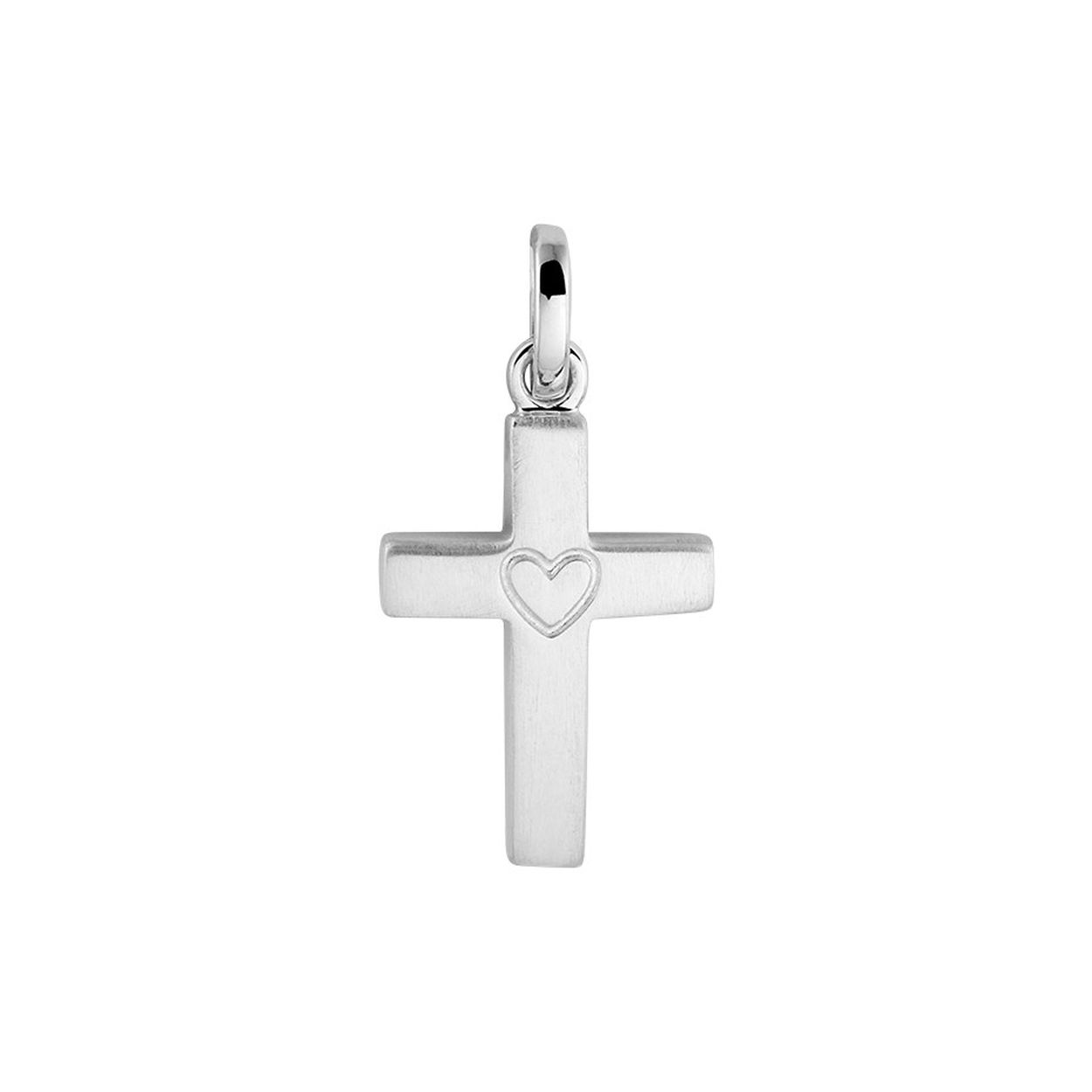 Gerhodineerd 925 zilveren hanger in de vorm van een kruis. In de hanger is een hartje gegraveerd. De totale hoogte van de hanger is 2.3cm. De afmeting van het kruis is 16.5x11.5mm.