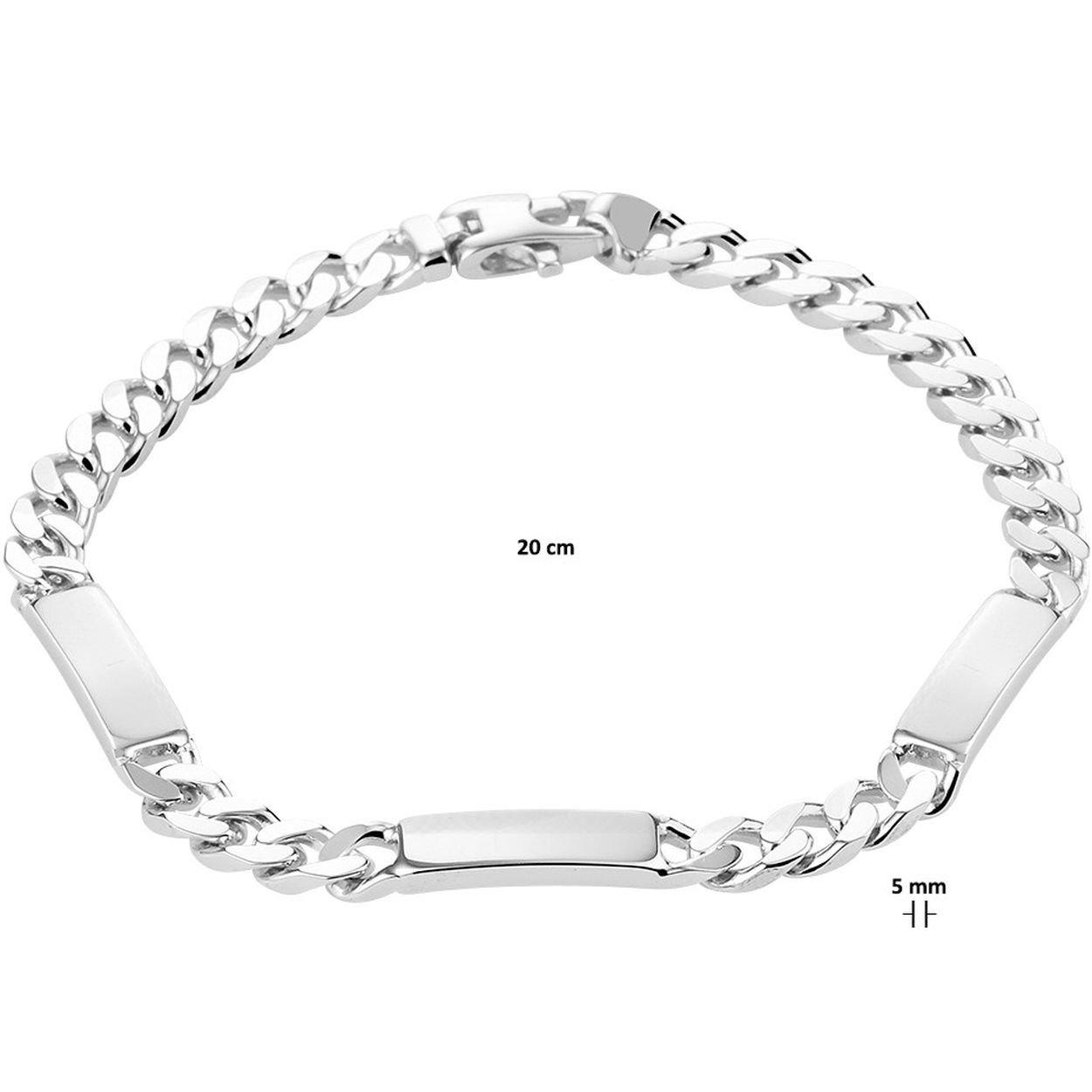 Gerhodineerd 925 zilveren graveerarmband met een breedte van 5mm en een stevige karabijn sluiting. De armband heeft een draaglente van 20cm.