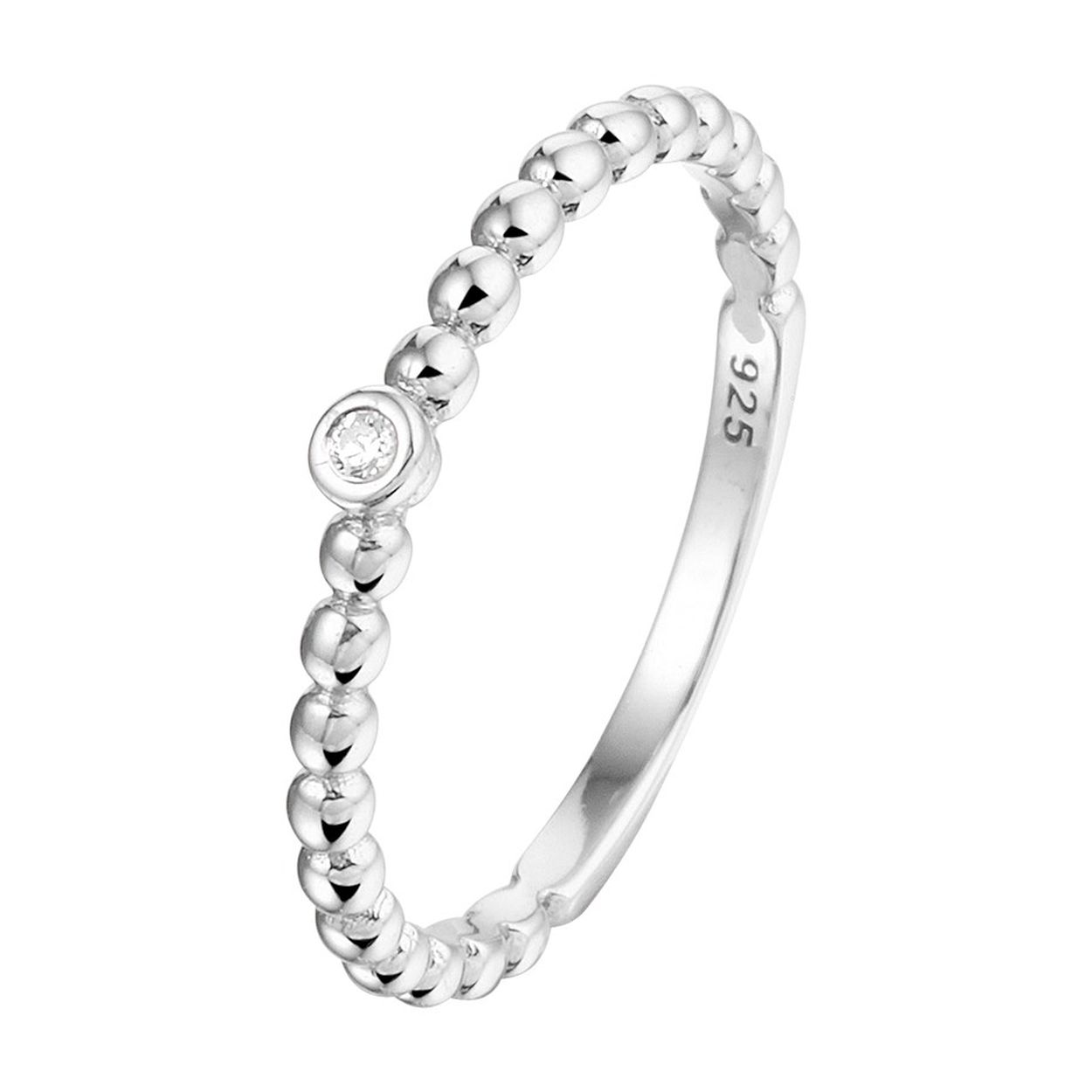 Gerhodineerd 925 zilveren aanschuifring uitgevoerd met bolletjes en een schitterende zirkonia. De ring heeft een breedte van 2.5mm.