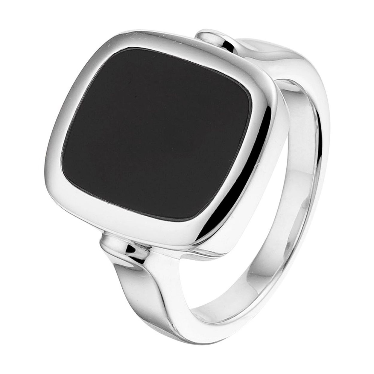 Gerhodineerd 925 zilveren zegelring uitgevoerd met een onyx. De ring heeft een breedte van 15.5mm.