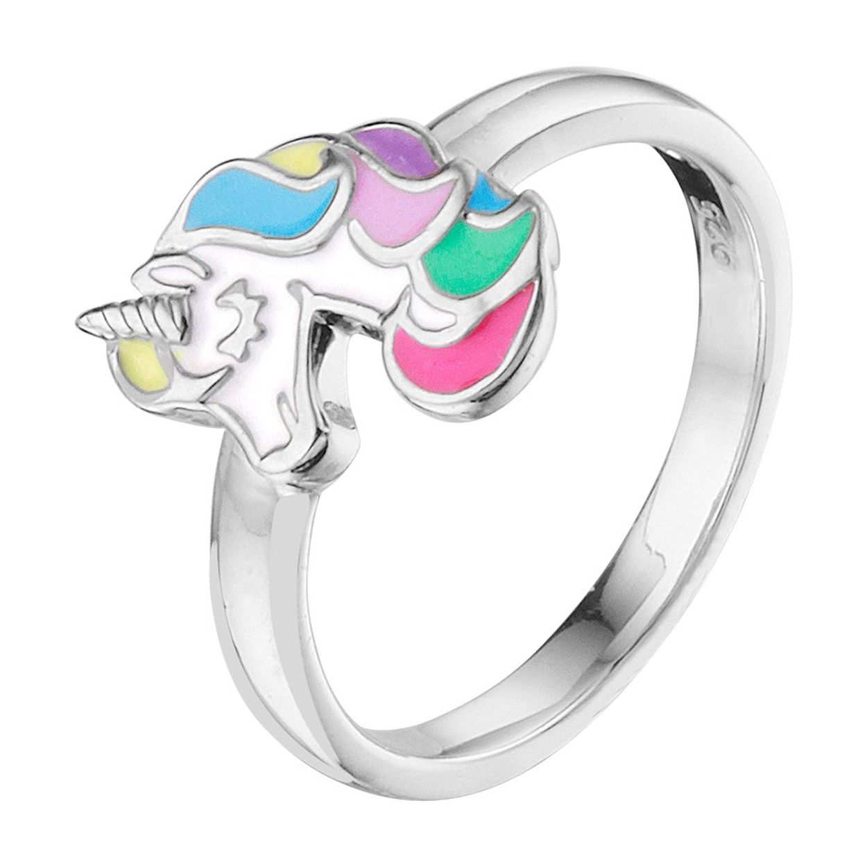 Gerhodineerd 925 zilveren ring uitgevoerd met een leuke eenhoorn. De ring heeft een breedte van 7.5mm.
