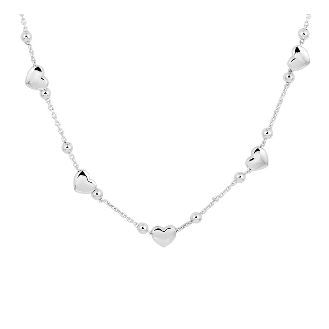 Gerhodineerd 925 zilveren collier uitgevoerd met bolletjes en schattige hartjes. Het collier heeft een draaglengte van 36cm met een extensie van 3cm en een stevige karabijn sluiting. De hartjes hebben een afmeting van 5x5.5mm.