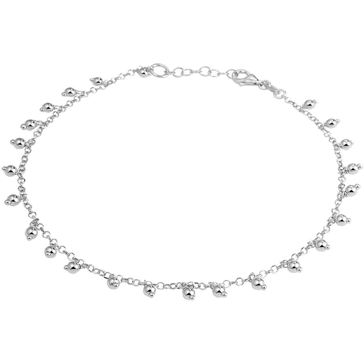 Gerhodineerd 925 zilveren enkelbandje uitgevoerd met hangertjes in de vorm van een bolletje. Het enkelbandje heeft een draaglengte van 24cm met een extensie van 2cm en een stevige karabijn sluiting. Het enkelbandje heeft een schakelbreedte van 2mm. De bolletjes hebben een diameter van 3mm.