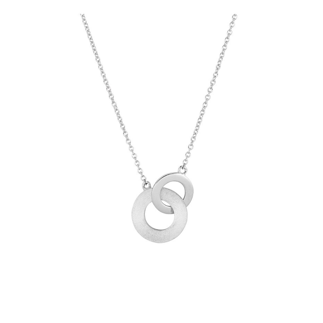Gerhodineerd 925 zilveren collier uitgevoerd met twee rondjes met een poli/matte afwerking. Het collier heeft draaglengtes van 42 en 45cm en een stevige karabijn sluiting. De rondjes hebben een diameter van 10 en 13mm.