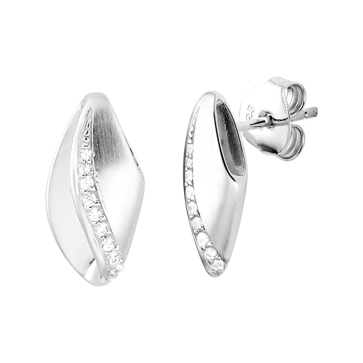 Gerhodineerd 925 zilveren oorknoppen uitgevoerd met een schitterende zirkonia rij en een poli/matte afwerking. De oorknoppen hebben een afmeting van 15.5x8.5mm.