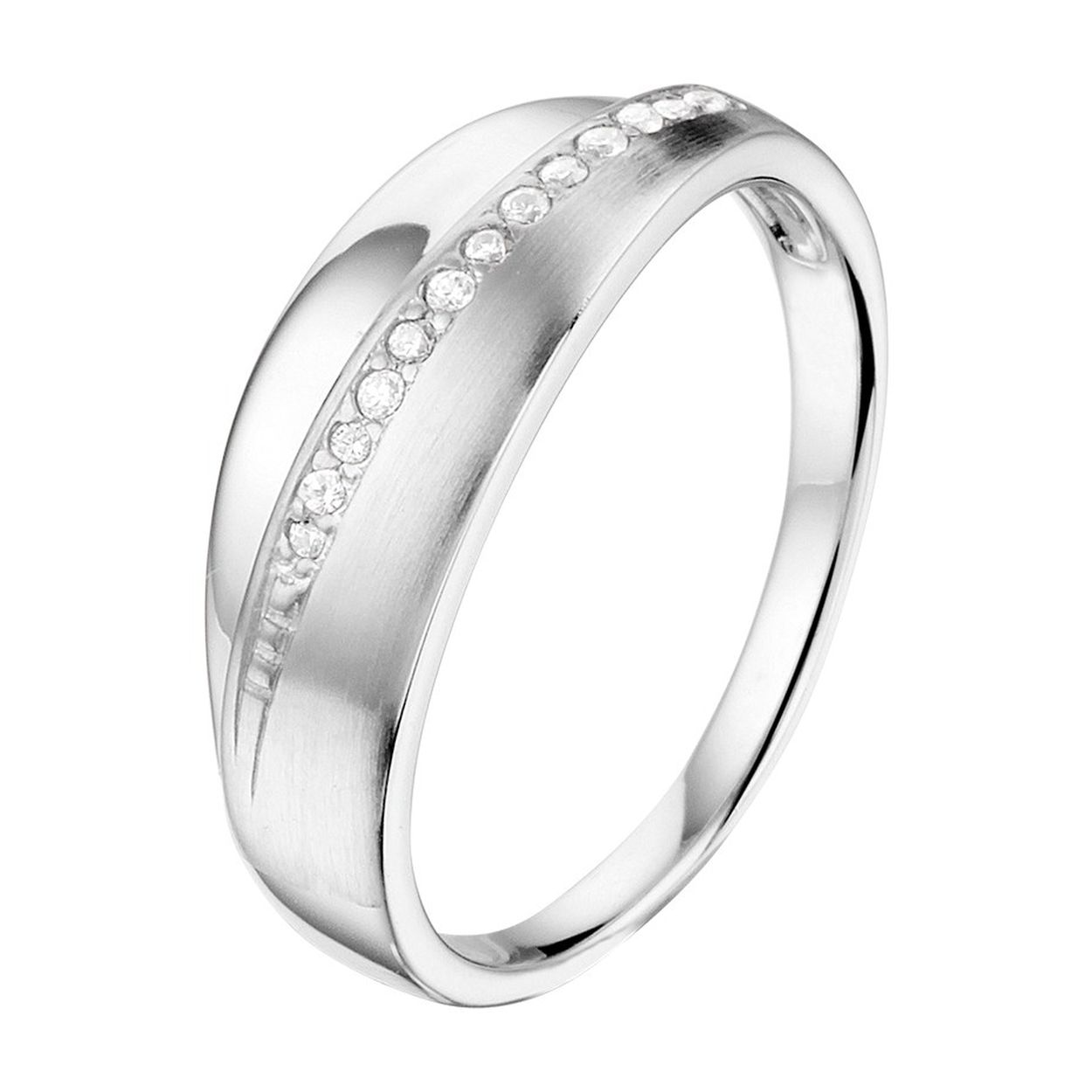 Gerhodineerd 925 zilveren ring uitgevoerd met een schitterende zirkonia rij en een poli/matte afwerking. De ring heeft een breedte van 6.5mm.
