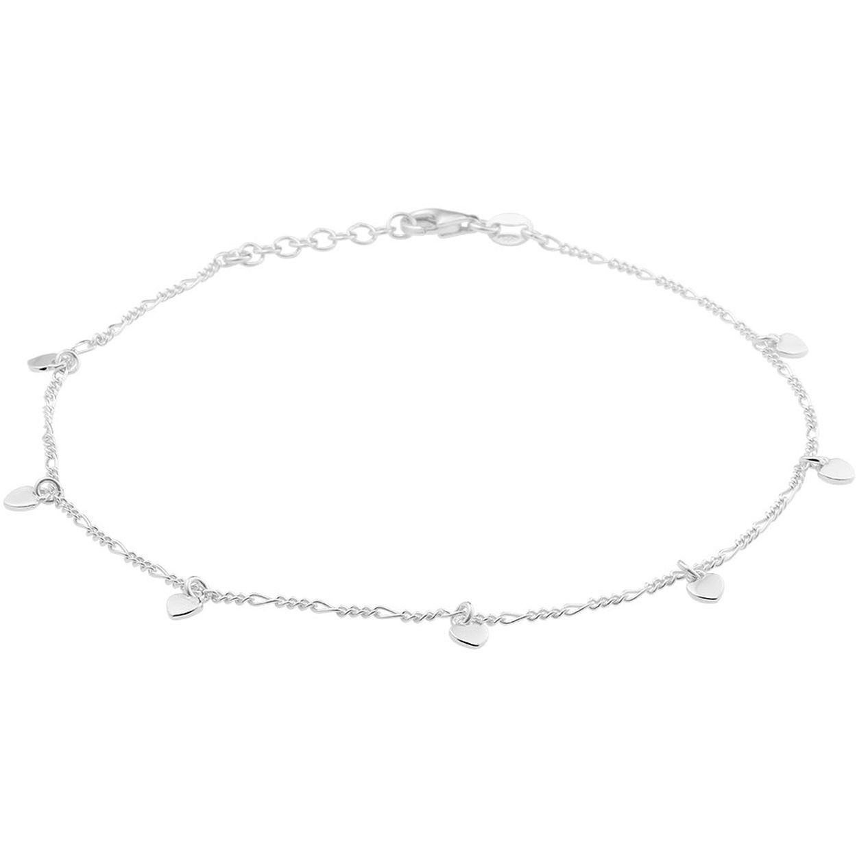 Gerhodineerd 925 zilveren enkelbandje uitgevoerd met hartjes en een stevige karabijn sluiting. Het enkelbandje heeft een draaglengte van 24cm met een extensie van 2cm. De hartjes hebben een afmeting van 3.5x3.5mm.