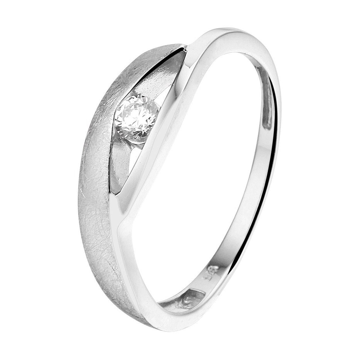 Gerhodineerd 925 zilveren ring uitgevoerd met een heldere zirkonia en een poli/matte afwerking. De ring heeft een breedte van 5.5mm.