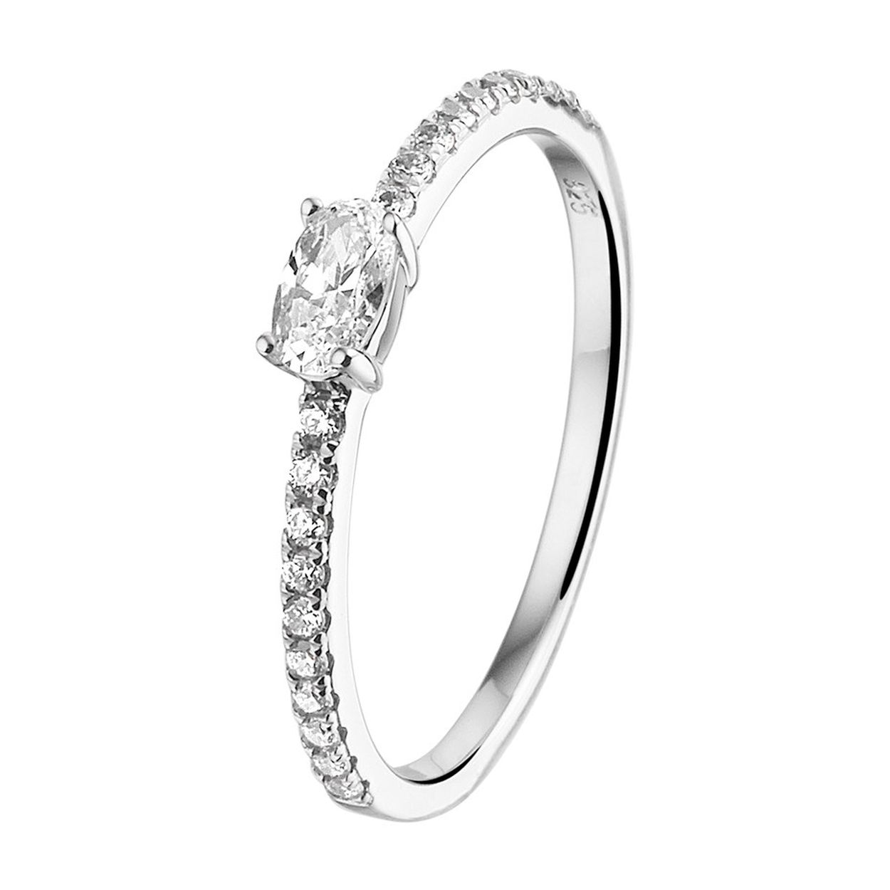 Gerhodineerd 925 zilveren ring uitgevoerd met een schitterende zirkonia rij. De ring heeft een breedte van 3mm.