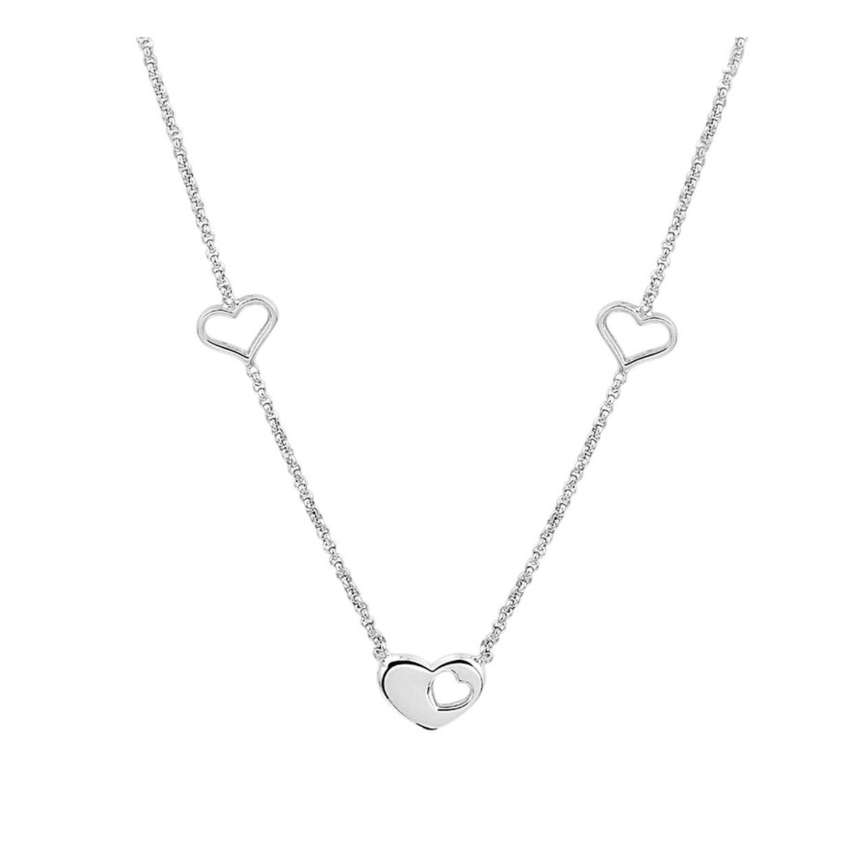 Gerhodineerd 925 zilveren collier uitgevoerd met hartjes. Het collier heeft een draaglengte van 36cm met een extensie van 4cm en een stevige karabijn sluiting. De hartjes hebben een afmeting van 5.5x7.5 en 7x9.5mm.