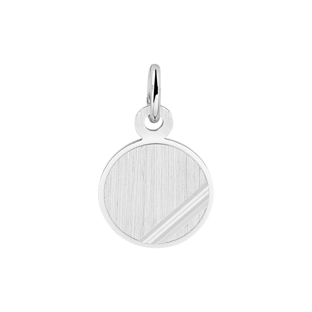 Gerhodineerd 925 zilveren ronde graveerhanger met een mat/gediamanteerde afwerking. De hanger heeft een totale hoogte van 1.4cm en een diameter van 9mm.