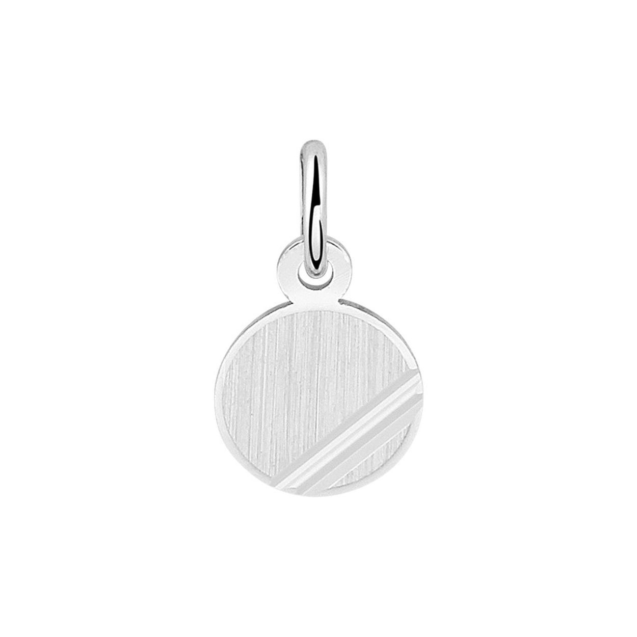 Gerhodineerd 925 zilveren ronde graveerhanger met een mat/gediamanteerde afwerking. De hanger heeft een totale hoogte van 1.2cm en een diameter van 7mm.
