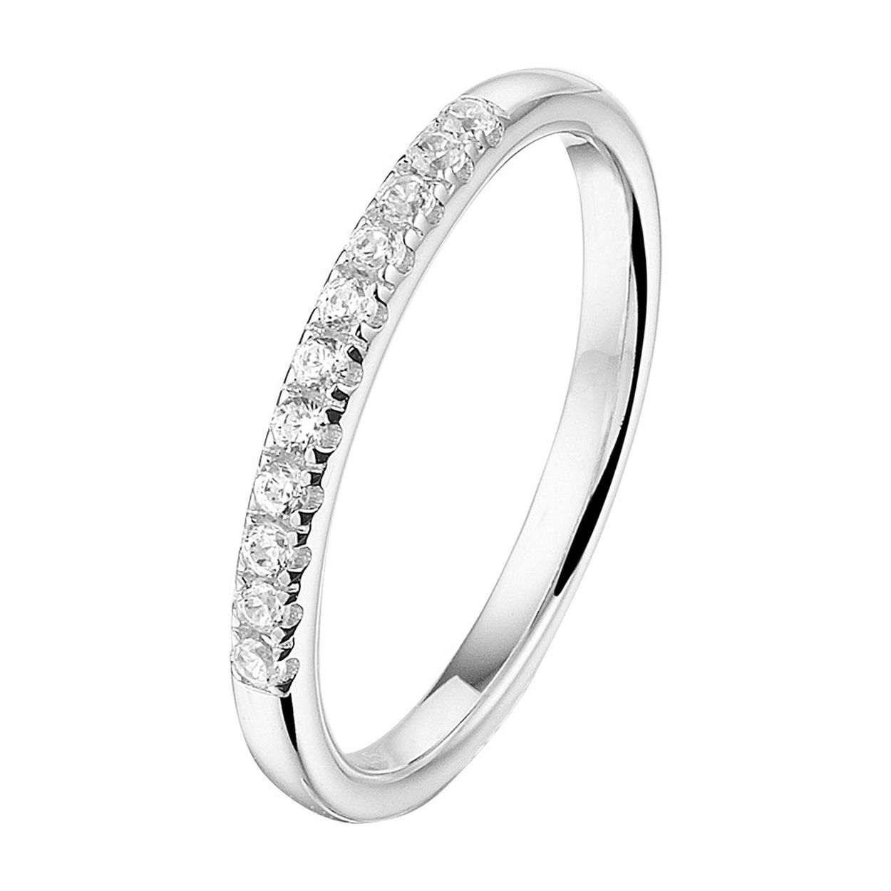 Gerhodineerd 925 zilveren ring uitgevoerd met een schitterende zirkonia rij. De ring heeft een breedte van 2mm.