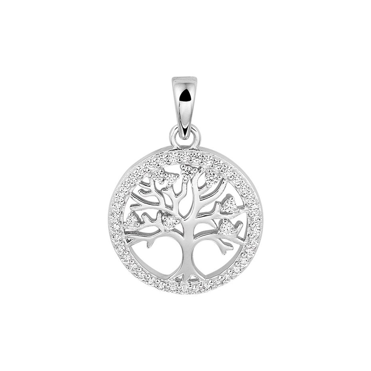 Gerhodineerd 925 zilveren hanger uitgevoerd met een levensboom en schitterend zirkonia. De hanger heeft een totale hoogte van 2cm en een diameter van 15.5mm.