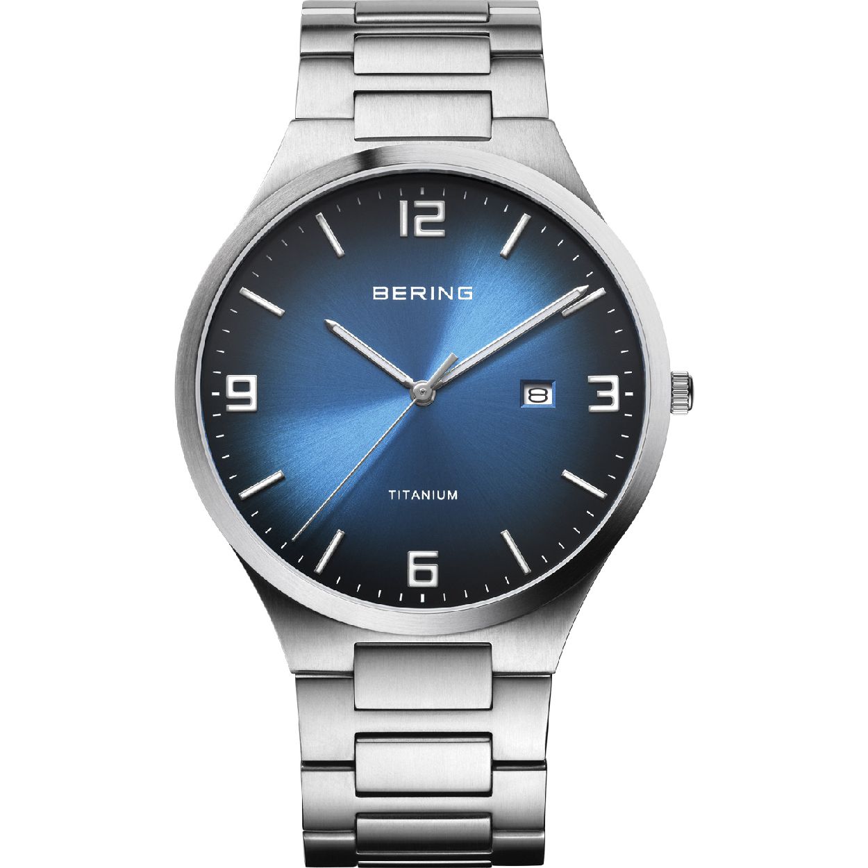 Bering heren horloge, titanium band en kast, blauwe wijzerplaat met datum.