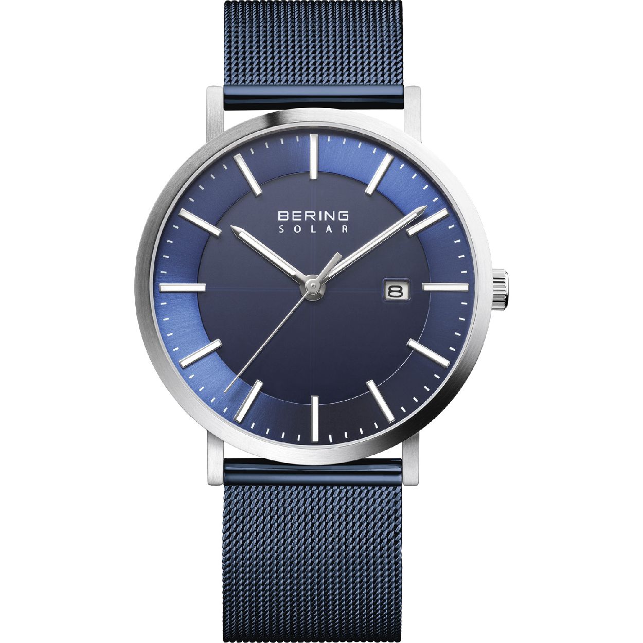 Bering herenhorloge, Solar, milanese blauwe band, blauwe wijzerplaat, datum