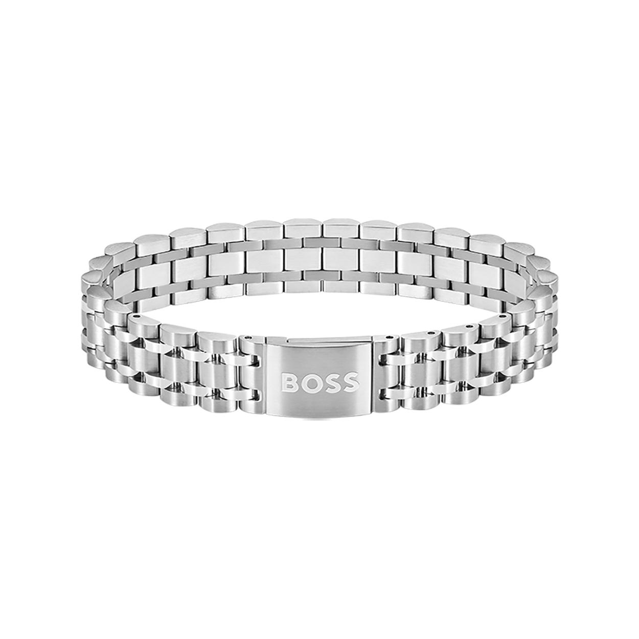 Boss schakelarmband in de kleur zilver. Het materiaal van de armband is staal. De lengte van de armband is 19 cm