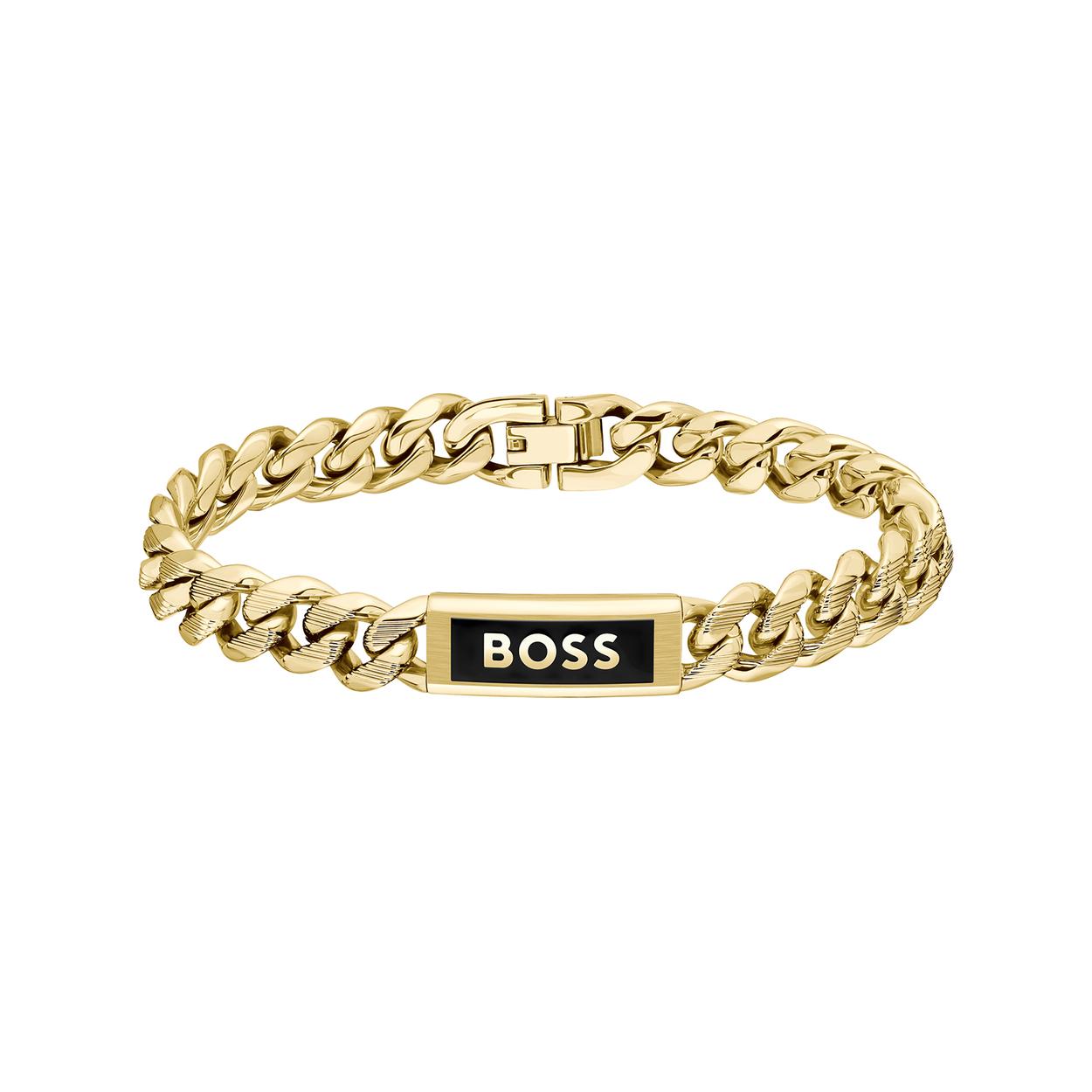 De geelstalen armband Hugo Boss 1580680M is een stijlvolle en duurzame armband, perfect voor elke gelegenheid. Gemaakt van roestvrij staal en goudkleurig, met een lengte van 190 mm, voegt hij een vleugje elegantie toe aan uw look. Draag hem solo of in combinatie met andere sieraden voor een verfijnd statement.