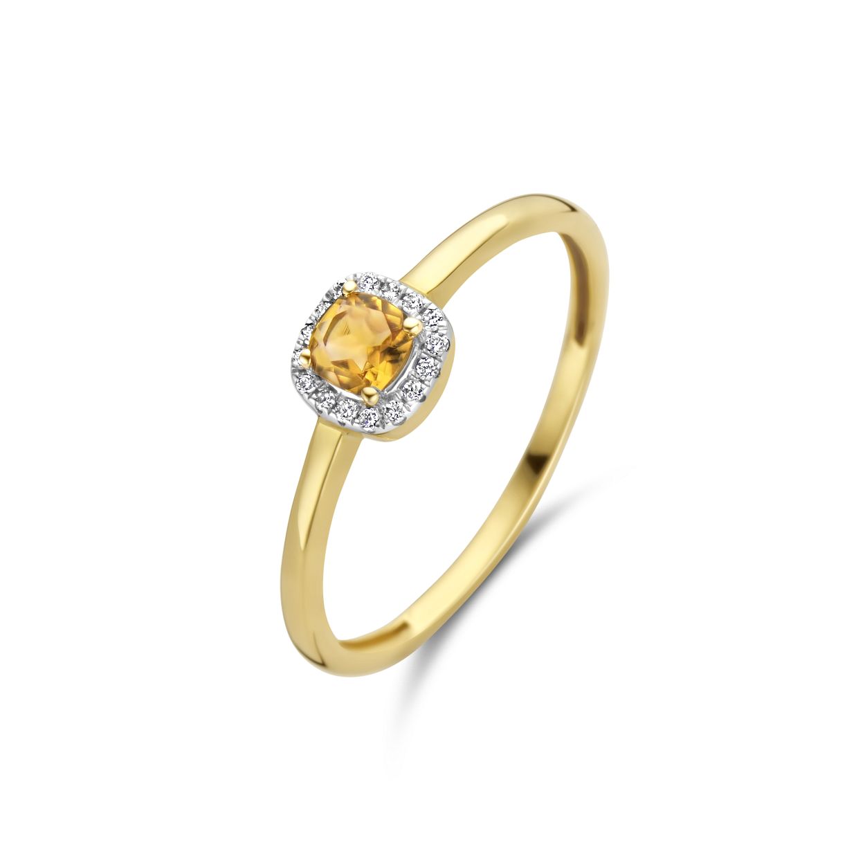 Blush Diamonds Ring 1636YDC � Geel Goud (14Krt.) met Diamant en Citrien.
Blush Diamonds worden met zorg, liefde en oog voor detail gemaakt van 14 karaat goud met diamant. Classic elegance. Deze 14 karaat geelgouden Blush Diamonds ring (1636YDC) is uitgevoerd in glanzend gepolijst geelgoud en voorzien van een gele Citrien edelsteen omringd door  geslepen Diamanten  van 0.05 karaat. Deze gekleurde ring met een 5,75 mm doorsnee citrine steen en diamanten is een echte eye catcher en zorgt  voor een elegant-vrouwelijke uitstraling. Voor een extra stralend effect is de ring  stijlvol te combineren met Blush Diamond collier 3607YDC. Blush Diamonds worden geleverd in een Blush geschenkverpakking. Let your heart glow - Wear your Blush