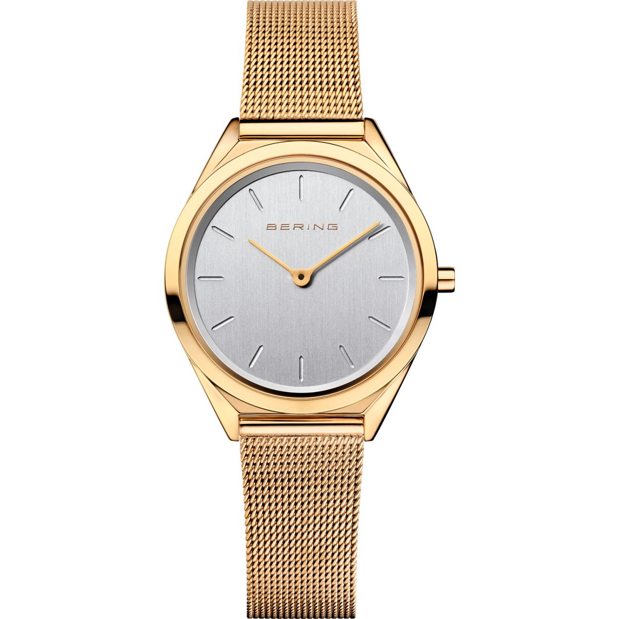 Bering dames horloge, goudkleurige milanese band, goudkleurige kast, lichte wijzerplaat.
