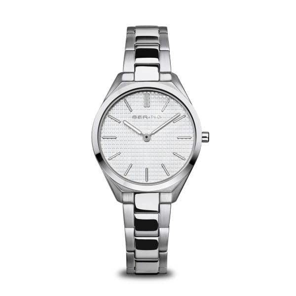 17231-700 Bering horloge analoog. Mat/poli stalen band. Bewerkte zilverkleurige wijzerplaat.