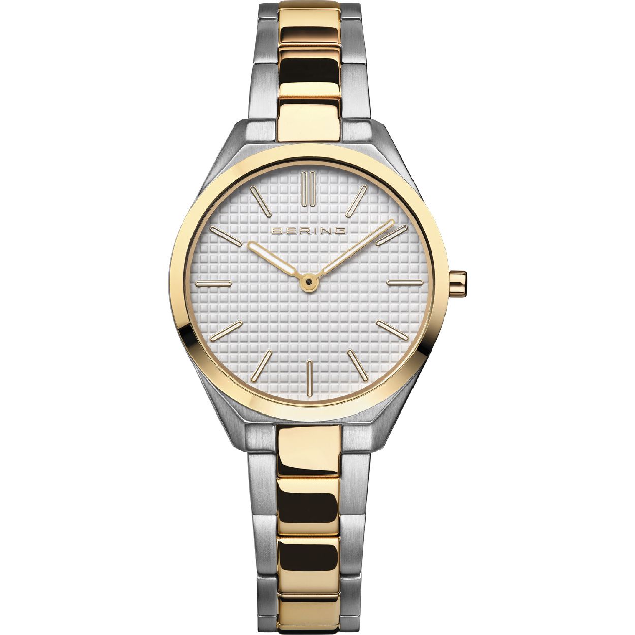 Bering dames horloge, bicolor band, lichte wijzerplaat met goudkleurige accenten