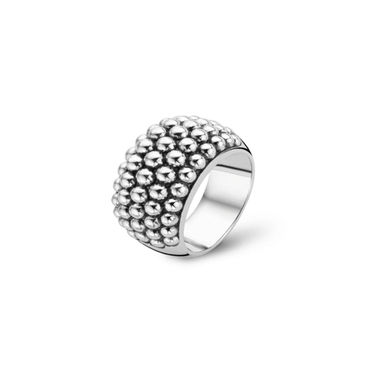 Deze bijzondere TI SENTO - Milano ring is gemaakt van gerhodineerd sterling zilver en heeft vijf rijen bubbels die de ring breedte geven. De zwarte oxidatie tussen de gepolijste bubbels benadrukt de prachtige structuur. De ring kan zowel solo worden gedragen als worden gecombineerd met andere sieraden volgens het TI SENTO Mix & Match concept.