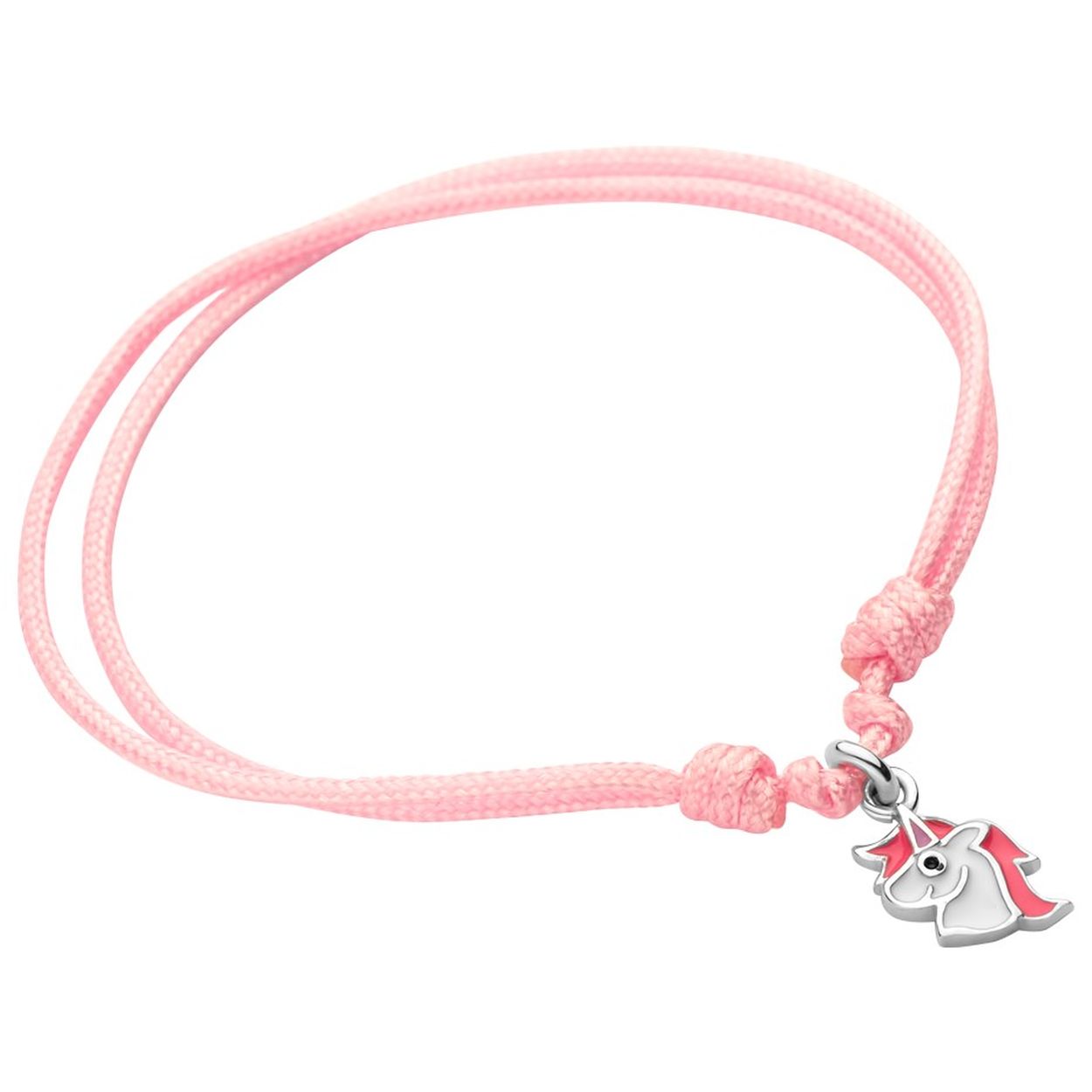 Roze gevlochten armband uitgevoerd met een hanger in de vorm van een eenhoorn. De armband heeft draaglengtes van 9 tot 19cm. De hanger heeft een afmeting van 10x5.5mm.