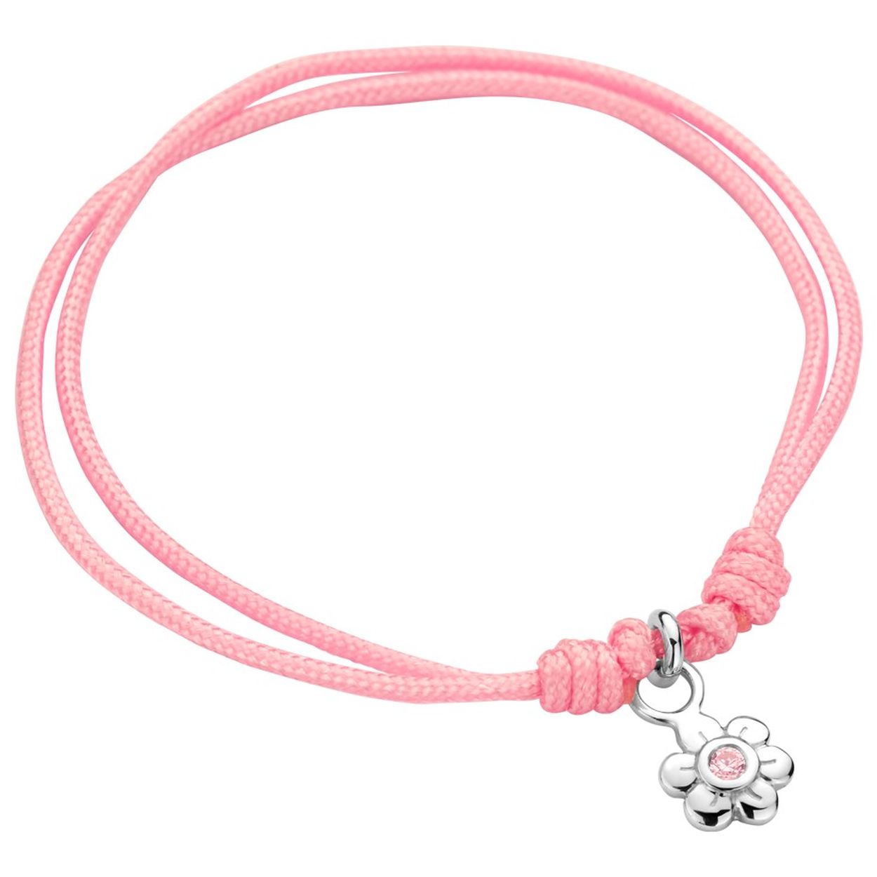 Roze gevlochten armband uitgevoerd met een hanger in de vorm van een bloem en een schitterende roze zirkonia. De armband heeft draaglengtes van 9 tot 19cm. De hanger heeft een afmeting van 10x5.5mm.