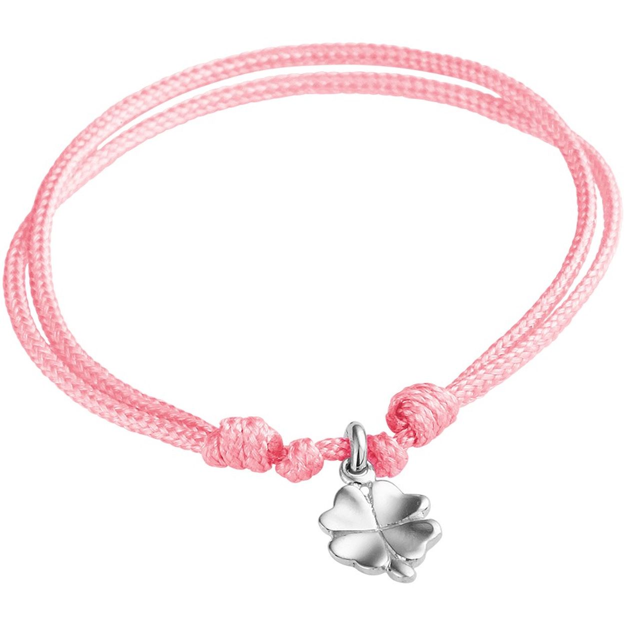 Roze gevlochten armband uitgevoerd met een hanger in de vorm van een klavertje. De armband heeft draaglengtes van 9 t/m 19cm. De hanger heeft een afmeting van 10x10mm.