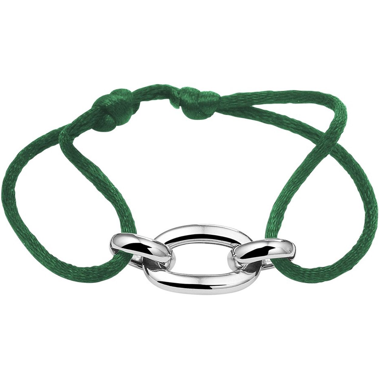 Groen gevlochten armband uitgevoerd met een gerhodineerd 925 zilveren schakel met een breedte 12.5mm. De armband heeft draaglengtes van 13 tot 26cm.